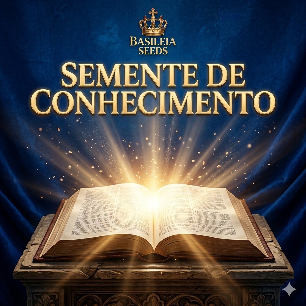 Semente de Conhecimento — Basileia Seeds: livro aberto com luz dourada sobre pedestal de pedra.