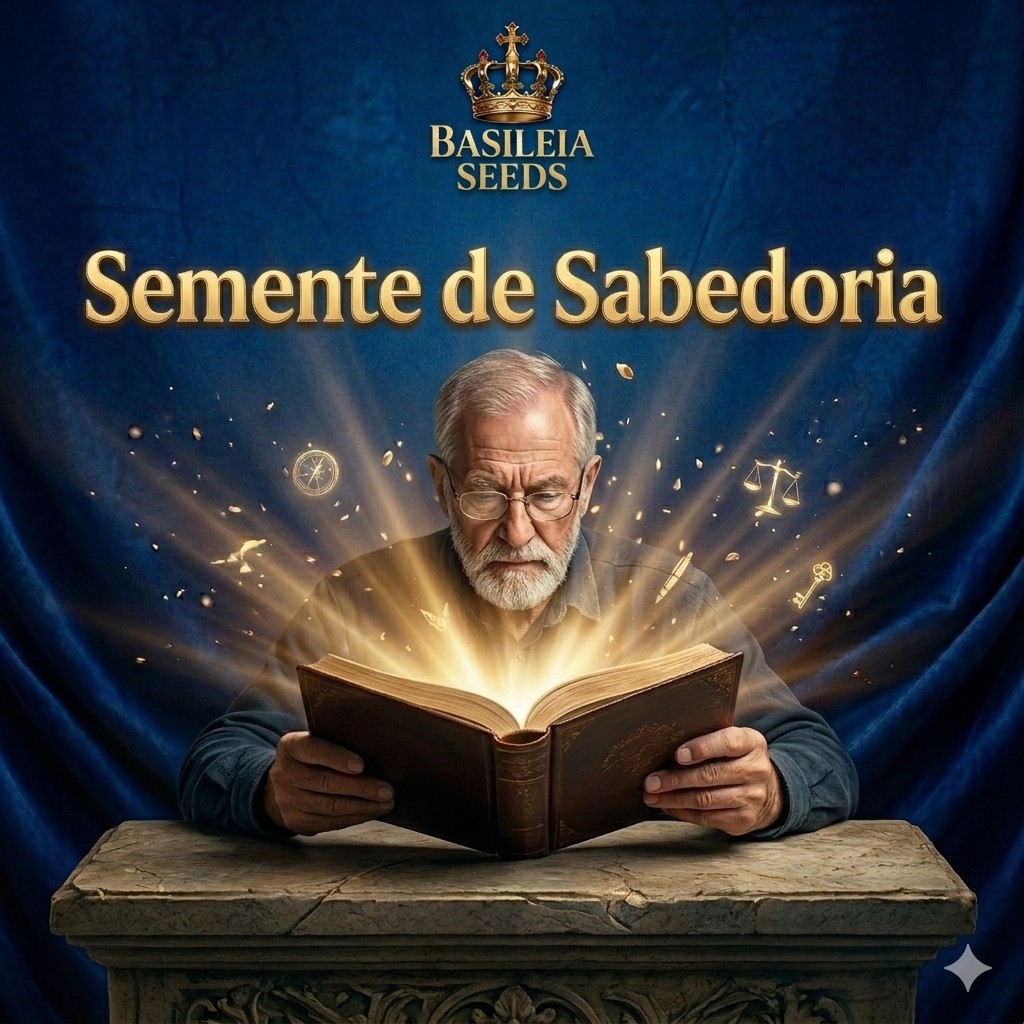 Semente de Sabedoria — Basileia Seeds: leitor à luz dourada emanada de um livro aberto.